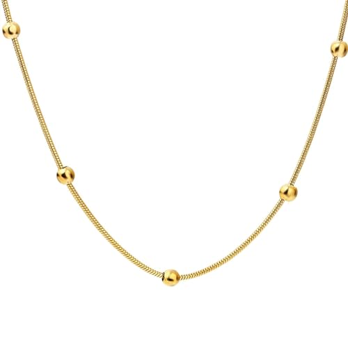 Gualiy Halskette Damen Edelstahl, Halskette Damen Gold 1.2MM Schlange Kette mit Perlen Halskette 60CM von Gualiy