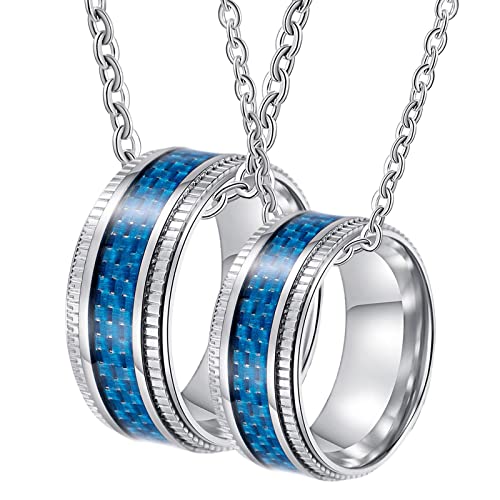 Gualiy Pärchen Halskette Personalisiert, Halskette Edelstahl Damen 9.5mm Silber Ring Eingelegt Blau Kohlefaser Paar Anhänger Damen 62 + Herren 60 von Gualiy