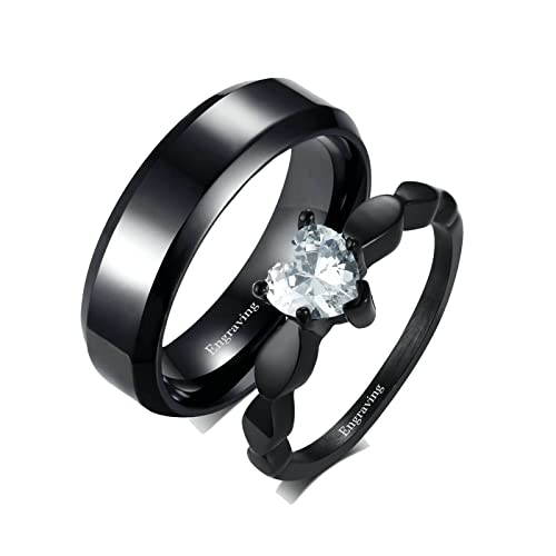 Gualiy Ring Paar Edelstahl, Ring Personalisiert Herren Damen 6MM Schwarzer Ring, Ring mit Zirkonia Herz Hochzeit Ringe Damen 60 (19.1) & Herren 65 (20.7) von Gualiy