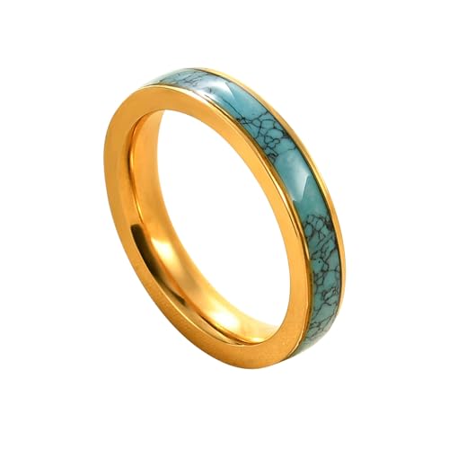 Gualiy Titanring Herren, Gold Damenring Hochzeit 4MM Ring mit Türkis Ring Größe 65 (20.7) von Gualiy