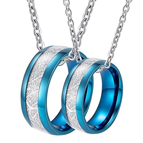 Halskette Anhänger Paar, Unisex Halskette Edelstahl Gravur 8mm Blau Ring mit Silber Halsketten Damen 60 + Herren 67 von Gualiy