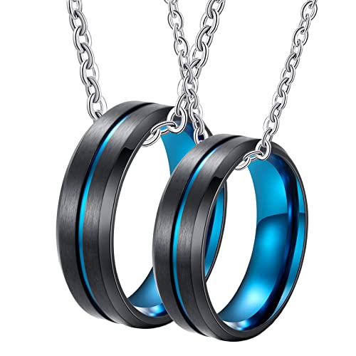 Halskette Anhänger Paare, Halskette aus Edelstahl Damen Gravur Blau und Schwarz Gebürstet Ring 8mm Anhänger Damen 65 + Herren 57 von Gualiy