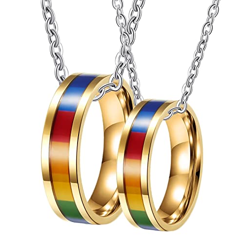 Halskette Paare Gravur, Halsketten Anhänger Edelstahl Gold LGBT Ring 6mm Halsketten Damen 57 + Herren 57 von Gualiy