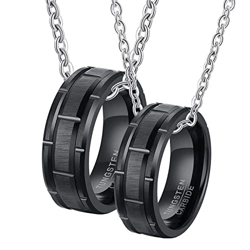 Halskette Paare Ring, Wolfram Anhänger Halskette Gravur Schwarz Gebürstet Ring 8mm Halsketten Damen 60 + Herren 67 von Gualiy