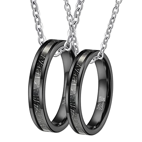 Halskette für Paare 2 Stück, Wolfram Halskette Anhänger Gravur 4mm Schwarz Ring Eingelegt Metalllinie Halsketten Damen 57 + Herren 67 von Gualiy