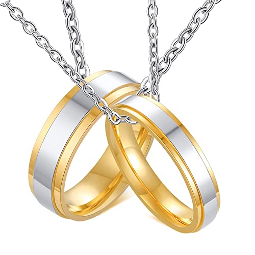 Halsketten für Paare mit Gravur, Halskette Paar Edelstahl Silber Gold Ring 4mm 6mm Halskette Damen 57 + Herren 57 von Gualiy