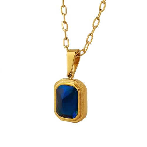 Kette Edelstahl Halskette, Halsketten Damen Gold mit Quadrat Blau Zirkonia Halsketten 45CM von Gualiy