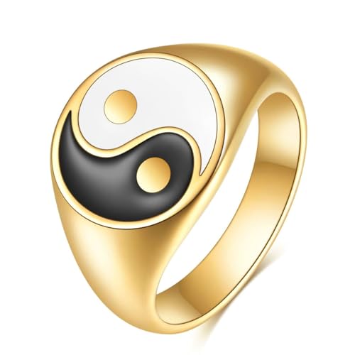 Männer Ringe Titan, Gold Ring Damen Hochzeit 13MM Siegelring mit Yin Yang Muster Ring Größe 52 (16.6) von Gualiy