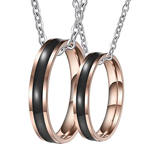 Paar Halskette Ring, Halskette Paar Edelstahl Gravur 4mm Roségold Ring mit Schwarz Emaille Halsketten Damen 52 + Herren 54 von Gualiy