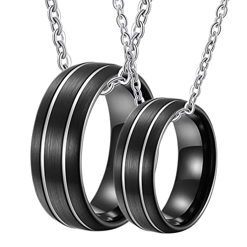 Pärchen Kette mit Gravur, Halsketten Wolfram 8mm Schwarz Gebürstet Ring mit Nut Paar Anhänger Damen 65 + Herren 60 von Gualiy