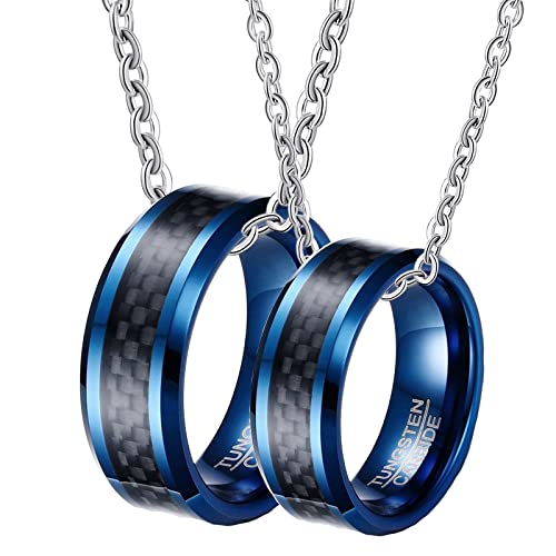 Partner Halsketten für Sie und Ihn, Halskette aus Wolfram Damen Gravur 8mm Blau Ring mit Kohlefaser Einlage Paar Halsketten Damen 57 + Herren 65 von Gualiy