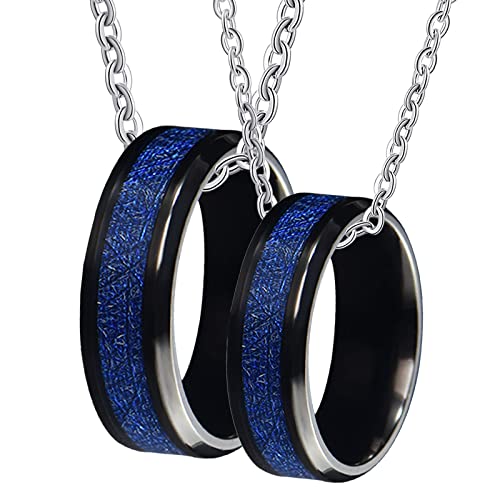 Verlobung Halskette Paar, Wolfram Halskette mit Gravur 8mm Schwarz Ring Einlegen Blau Metall Anhänger Damen 57 + Herren 57 von Gualiy