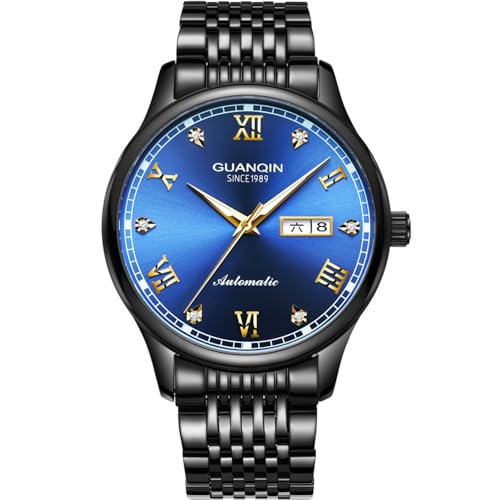 Guanqin Damen Herren Paar Kalender Strass Vintage Analog Automatik Selbstaufzug Mechanische Armbanduhr Edelstahl Saphirglas Wasserdicht Leuchtende Business Uhr, Gj16136, blau, schwarz, Retro von Guanqin