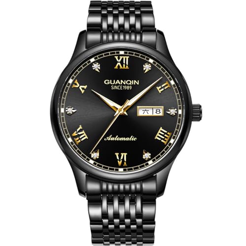 Guanqin Damen Herren Paar Kalender Strass Vintage Analog Automatik Selbstaufzug Mechanische Armbanduhr Edelstahl Saphirglas Wasserdicht Leuchtende Business Uhr, Gj16136-black, Retro von Guanqin