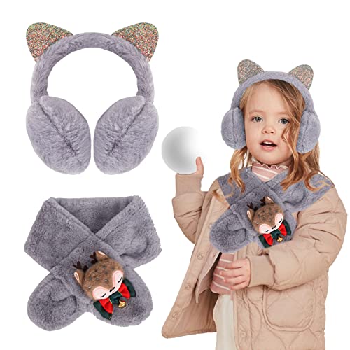 Süße Katzenohren Ohrenschützer und Flauschiger Schal Mädchen Winter Plüsch Ohrenwärmer Kinder Warm Ohrschutz Outdoor Ohrenschützer Ohrenklappe Ohrabdeckungen Weihnachten Geburtstag Geschenk (Grau) von Gukasxi