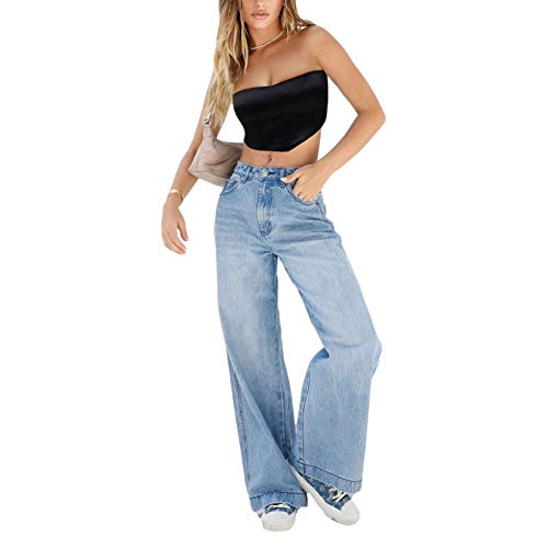 Y2K Damen Jeans mit mittelhoher Taille, weites Bein, Distressed gerade, Denim-Hose, lässige Baggy-Jeans mit mehreren Taschen, E Girl Streetwear Gr. 32, dunkelblau von GuliriFei