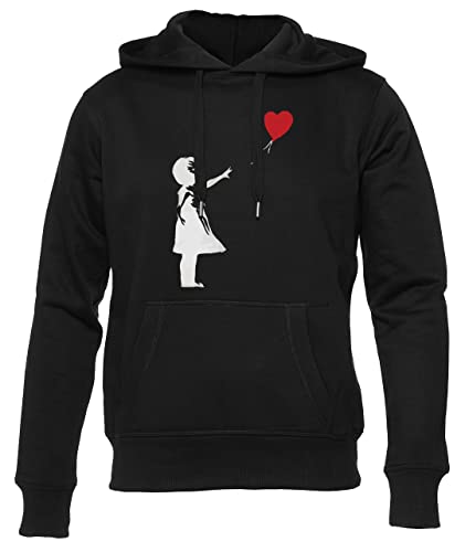 Gunmant Banksy Mädchen Mit Herz Ballon Schwarz Kapuzenpullover Herren Damen Unisex Langarm Ärmel Black Hoodie Mens Womens L von Gunmant