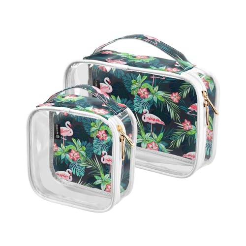 GuoChe Transparente Mini-Kosmetiktasche, wasserabweisend, transparent, mit Griffschlaufe, Herren-Kulturbeutel, 2 Stück, tropische Flamingos, Bunt, 1 size von GuoChe