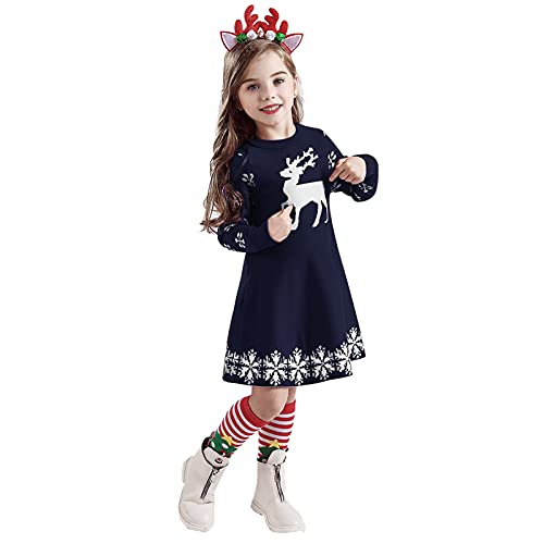 Mädchen Kleid 140 Langarm Weihnachten Strickkleid für Mädchen Rot Weihnachts Prinzessin Kleid Knielang Weihnachtskleid Festliches Kleid Hirsch Schneeflocke Kleid Winter Warm Strick Pullover Kleider von Guotobe