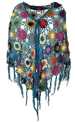 GURU SHOP Häkelstola, Hippie Blümchen Häkelschal, Dreieckstuch, Herren/Damen, Petrol, Baumwolle, Size:One Size, 80x160 cm von GURU SHOP