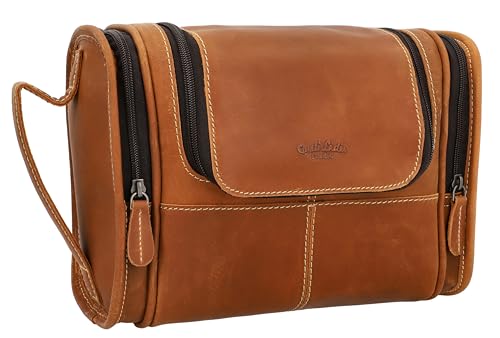 Gusti Kulturtasche Leder - Chester Schminktasche Damen - Kosmetiktasche Klein Damen - Waschtasche Männer - Beautycase Damen - Make up Reisetasche - Mini Tasche Braun Leder von Gusti