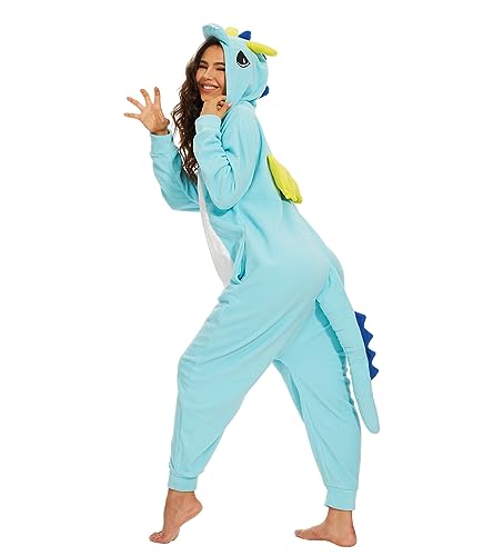 Guturris Tier Drache Pyjamas Schlafanzug Jumpsuit Halloween Cosplay Kostüm Onesie Nachtwäsche für Frauen und Männer Blau S von Guturris