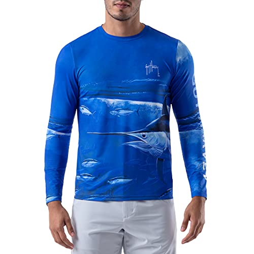 Guy Harvey Herren Langarm Performance Shirt mit 50+ UPF Sonnenschutz, Blau/Marlin, Mittel von Guy Harvey