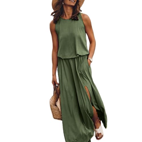 GuyAna Damen-Kleid, locker, kurzärmelig, langes Kleid, Schlitz, extra lang, Sommer-Strandkleid mit Taschen (Dark Green,4XL) von GuyAna