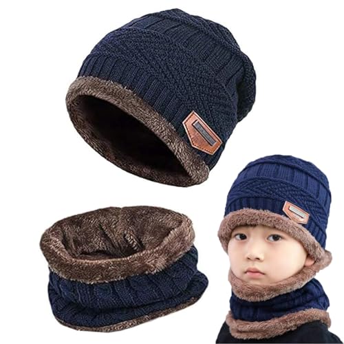 Gxlaihly Wintermütze für Kinder,Kinder Winter Warm Beanie Mütze und Loop Schal Schlauchschal Set,Kinder Wintermütze Beanie Hut,Wintermütze und Schal-Set für Jungen Mädchen von 6-15 Jahren (Blau) von Gxlaihly