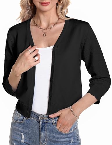 Gyabnw Strickjacke Damen 3/4 Ärmel Jacke Elegant Damen Cardigan Strickjacke Kurz Tops Jäckchen Oberteile Schwarz,S von Gyabnw