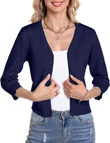 Gyabnw Strickjacke Damen 3/4 Ärmel Jacke Elegant Damen Cardigan Strickjacke Kurz Tops Jäckchen Oberteile Navy Blau,L von Gyabnw