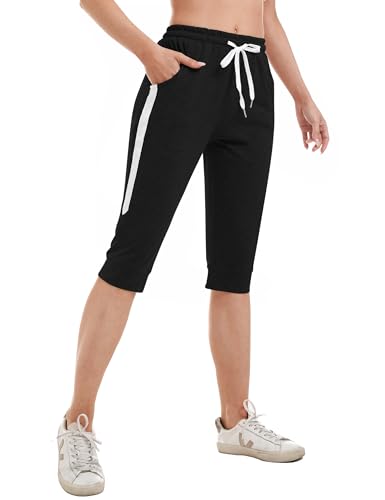 Gyabnw Damen Caprihose 3/4 Jogginghose Trainingshose Elegant Relaxhose Sportleggings Yogahose mit Kontraststreifen für Sport und Freizeit SchwarzXXL von Gyabnw