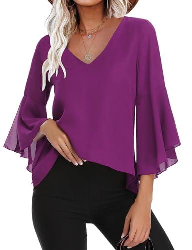 Gyabnw Damen Chiffon Bluse Volantärmeln Tunika 3/4 Arm Elegant Chiffontunika Festlich Chiffon Bluse V Ausschnitt Oberteill mit Trompetenärmeln Violett M von Gyabnw