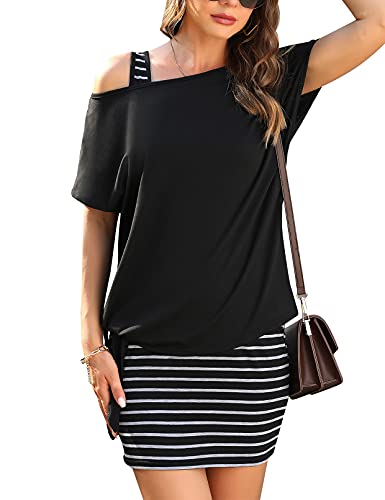 Gyabnw Damen Kleid Sommerkleid Shirtkleider Elegant Jerseykleid Sommerlicher Zweiteiler - Kleid & Oversize Shirt für Party, Schwarz Streifen, M von Gyabnw