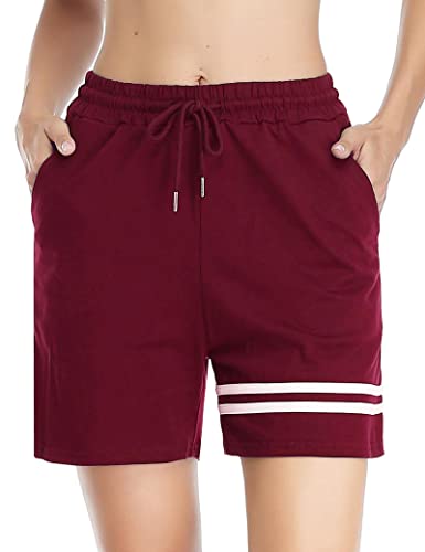 Gyabnw Damen Shorts Schlafhose Kurze Sporthose Laufshorts Sommer Freizeitshorts Jogginghose Sweatshorts Elegant Bermudashorts mit Streifen Taschen für Sport Freizeit Yoga Fitness Gym WeinrotS von Gyabnw