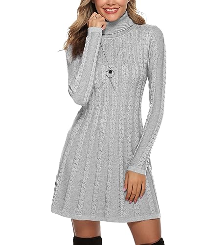 Gyabnw Damen Strickkleid Rollkragen Winterkleid Elegante A-Linie Knielanges Kleid Pulloverkleid Zopfmuster Minikleid Strickpullover für Party Cocktail Freizeit, Hellgrau-Rollkragen, S von Gyabnw