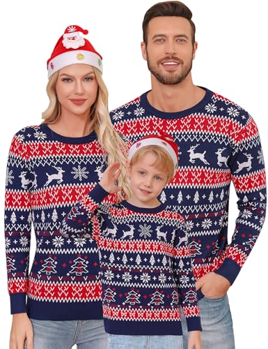 Gyabnw Kinder Weihnachtspullover Langarm Weihnachtspulli Rundhals Weihnachts Pullover Strickpullover Weihnachten Strickpulli Jungen Mädchen Klassisch Christmas Sweater Familie Set, Navy 8 Jahre von Gyabnw