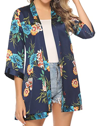 Gyabnw Cardigan Kimono Strand Damen Sommer Lang Chiffon Bolero Damen Festival 3/4 Ärmel Strickjacke Badeanzug Kleid Offen Front Blumen Beachwear Bikini Cover up Shawl Bluse Oberteil Tops NachtblauXXL von Gyabnw