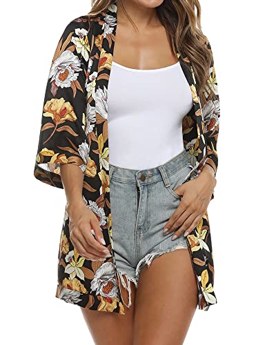 Gyabnw Cardigan Kimono Strand Damen Sommer Lang Chiffon Bolero Damen Festival 3/4 Ärmel Strickjacke Badeanzug Kleid Offen Front Blumen Beachwear Bikini Cover up Shawl Bluse Oberteil Tops Schwarz-2M von Gyabnw