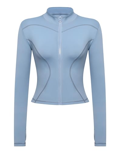 Gyabnw Laufjacke Sportjacke Langarm Crop Tops Gym Oberteil Trainingsjacke Kapuzenjacke Sweatjacke Atmungsaktive mit Reißverschluss Daumenloch Tasche Für Laufen Yoga Fitness Navy blauXL von Gyabnw