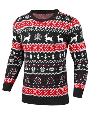 Gyabnw Weihnachtspullover Herren Klassische Weihnachtspulli Langarm Rundhals Xmas Pullover Chunky Gestrickter Festlicher Pulli für Weihnachten Party, Schwarz S von Gyabnw