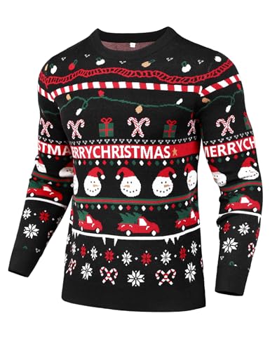 Gyabnw Weihnachtspullover Herren Rundhals Weihnachts Pullover Langarm Weihnachtspulli Familie Set Christmas Weihnachten Strickpullover Xmas Sweater, Schwarz XXL von Gyabnw