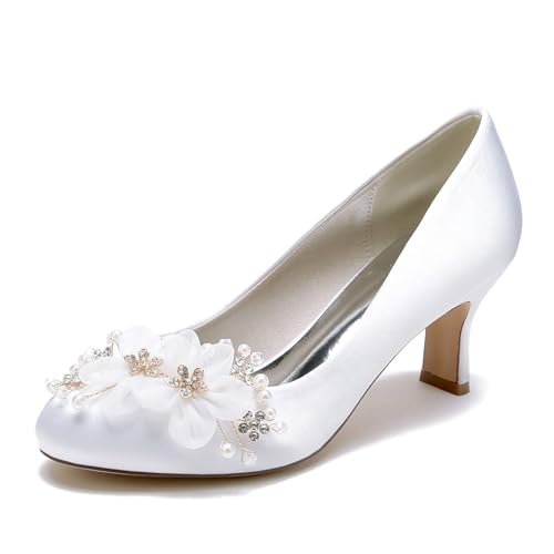 Gycdwjh Damen Hochzeitsschuhe Kitten Heels Satin Runde Zehe Slip Auf Brautschuhe mit Stich Spitzen Blume Abendschuhe Für Partei,Weiß,37 EU Gycdwjh Damen Hochzeitsschuhe Kitten Heels Satin Runde Zehe Slip Auf Brautschuhe mit Stich Spitzen Blume Abendschuhe Für Partei,Weiß,37 EU von Gycdwjh