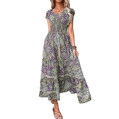 Gyios Kleid Frauen Vintage Print Langes Kleid Sommer Elegant Gegen Neck Elastic Taille Maxi Kleider Urlaub Sexy Kurzarm A-line-Robe-lila,l von Gyios