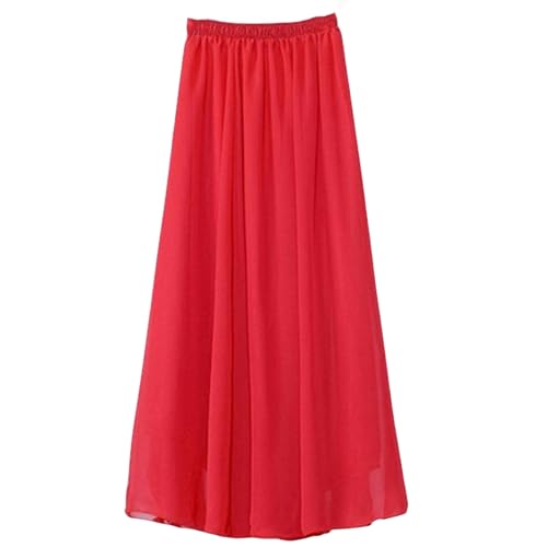 Gyios Rock Damen Chiffon Rock Sommer Langer Rock Hohe Taille Einfarbige Große Größe A-Linie Rock Bodenlangen Strand Rock-90 cm-rot von Gyios