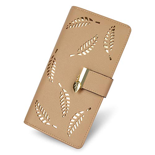 Damen Geldbörse Hohles Blattmuster Bifold Leder Dame Lange Geldbörse Geldbörse Reißverschluss Geburtstag Xmas Geschenke für Frauen Mädchen, khaki, Long wallet von CHAOFANXI