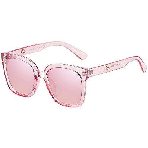 H HELMUT JUST Groß Sonnenbrille Damen Vintage, Polarisiert Eckig Sonnenbrille mit UV400-Schutz, Retro Quadratischer Rahmen Brille (Rosa Transparent/Verspiegelt) von H HELMUT JUST