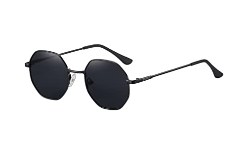 H HELMUT JUST Sonnenbrille Herren Damen Retro Schwarz Sechseckigen Polarisierte Getönte Linse Kategorie 3 Flache Linsen Filigranes Gestell von H HELMUT JUST