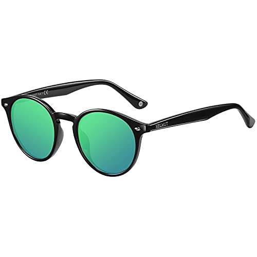 H HELMUT JUST Sonnenbrille Für Herren Damen Rund Retro Grün Verspiegelt Polarisierte Linse Leichter TR90 Rahmen Acetatbügel von H HELMUT JUST