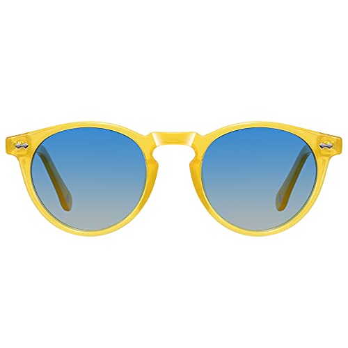 H HELMUT JUST Sonnenbrille Für Herren Damen Rund Blau Verlauf Gläser Vintage Retro Polarisierte Linse Leichter TR90 Rahmen Acetatbügel von H HELMUT JUST
